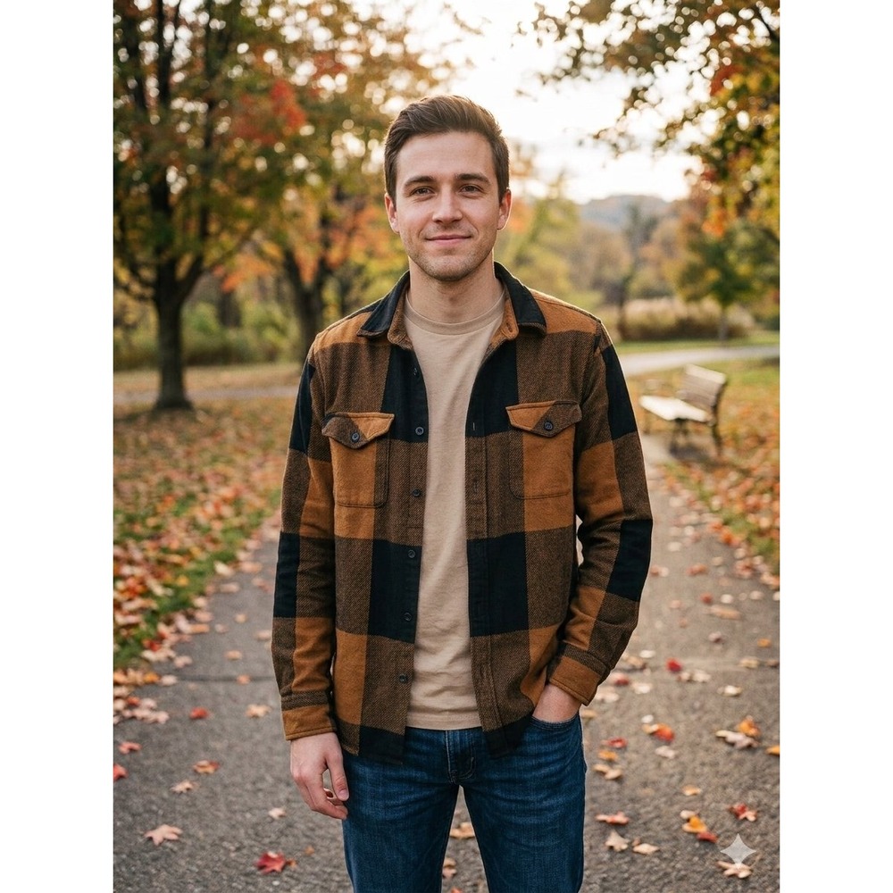 American Eagle Mens XL Classic Fit Buffalo Plaid Brown Black Flannel Shirt Fall